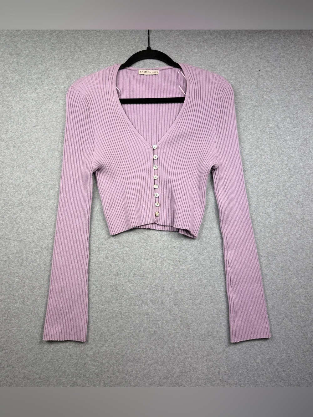 Sincerely Jules Lilac Purple Rib-Knit Button Up Cropped Cardigan Women’s Medium